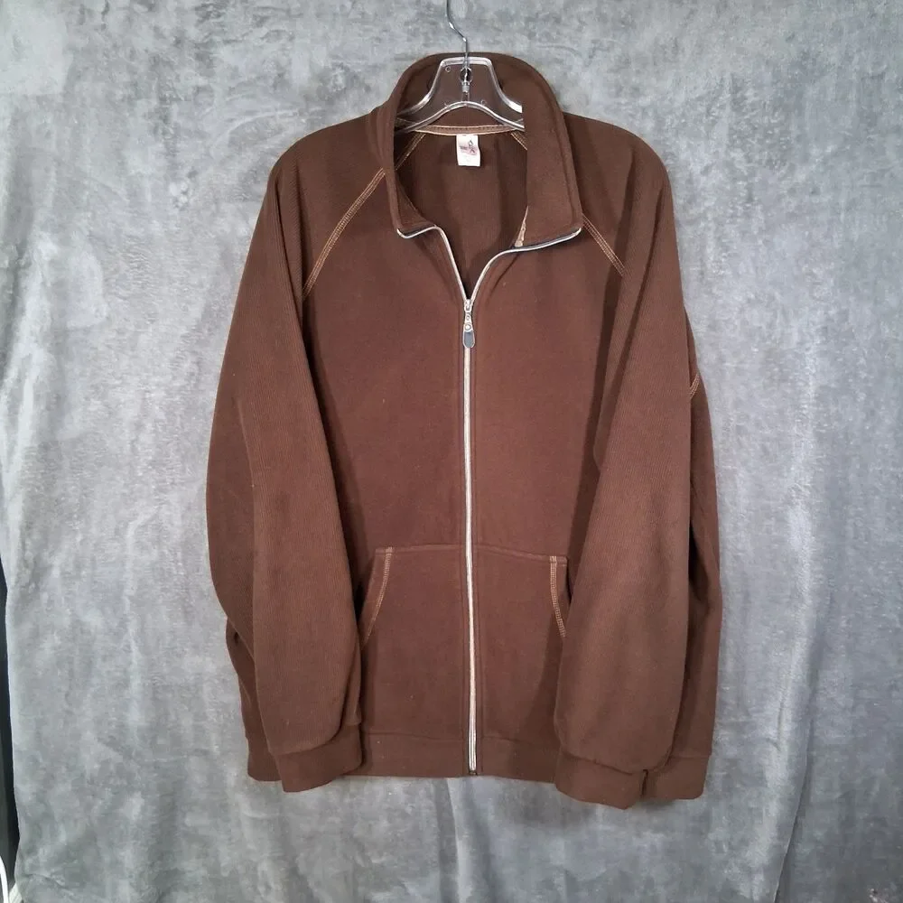 Vtg‎ Made In USA Akwa Full Zip Fleece Knit Jacket sweater Mens Xl Brown